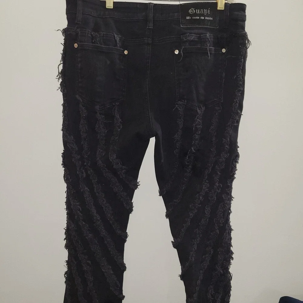 Guapi Jeans Men Size 36x36 Stacked Denim Fringe Distressed Flare Black